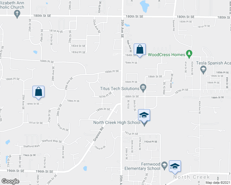 map of restaurants, bars, coffee shops, grocery stores, and more near 18717 34th Avenue Southeast in Bothell