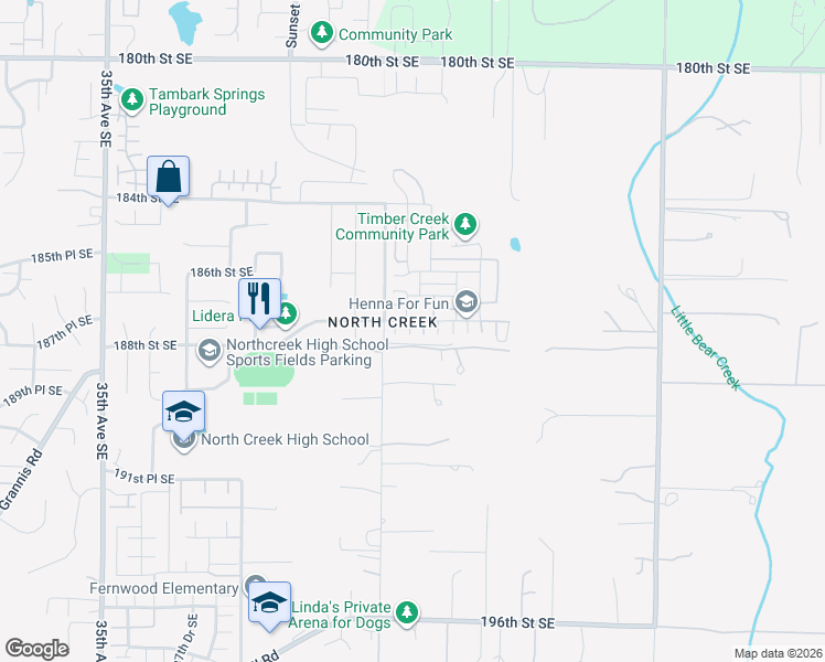 map of restaurants, bars, coffee shops, grocery stores, and more near 18710 44th Park Southeast in Mill Creek