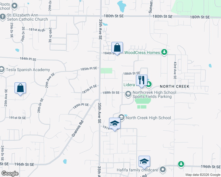 map of restaurants, bars, coffee shops, grocery stores, and more near 3611 188th Street Southeast in Bothell