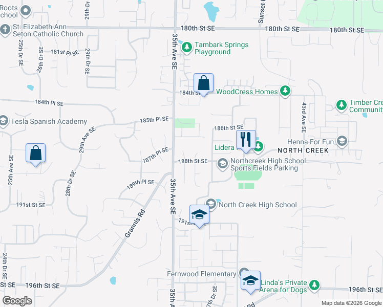 map of restaurants, bars, coffee shops, grocery stores, and more near 3611 188th Street Southeast in Bothell