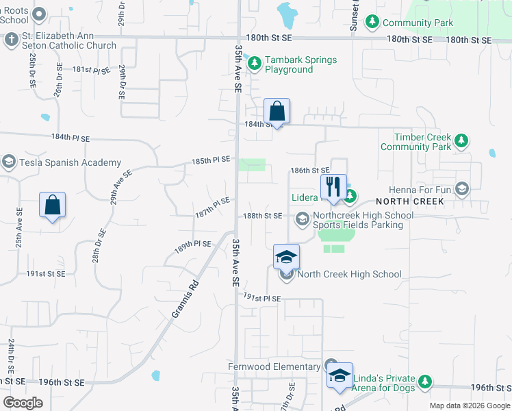 map of restaurants, bars, coffee shops, grocery stores, and more near 3611 188th Street Southeast in Bothell