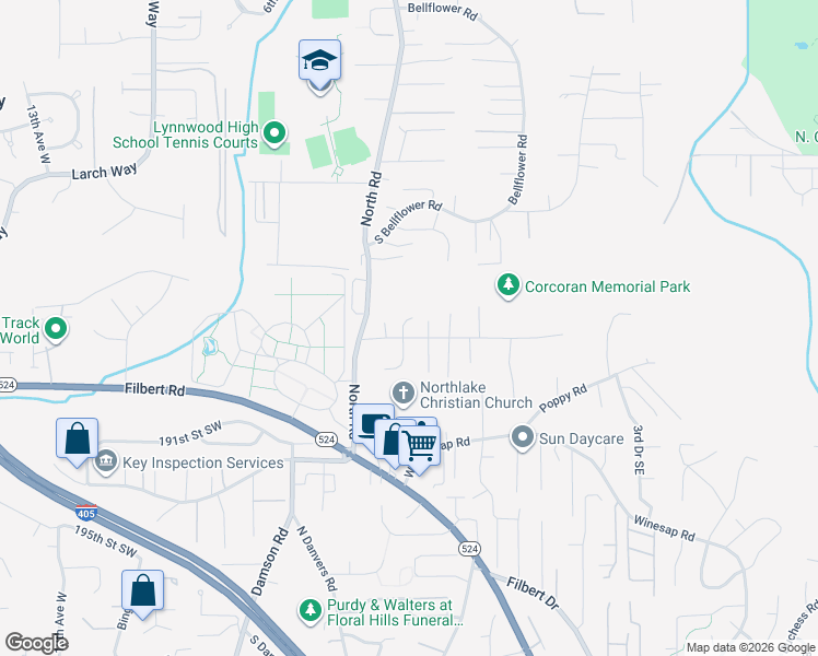 map of restaurants, bars, coffee shops, grocery stores, and more near 18715 2nd Place West in Bothell