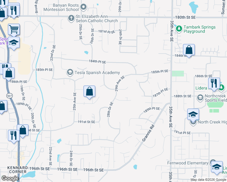 map of restaurants, bars, coffee shops, grocery stores, and more near 18730 187th Street Southeast in Bothell