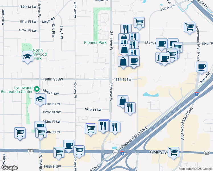 map of restaurants, bars, coffee shops, grocery stores, and more near 18820 36th Avenue West in Lynnwood