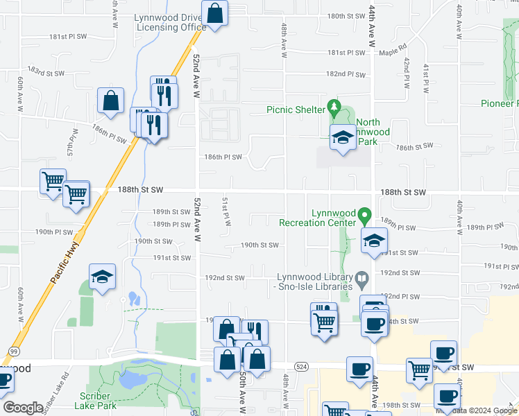 map of restaurants, bars, coffee shops, grocery stores, and more near 4905 189th Street Southwest in Lynnwood