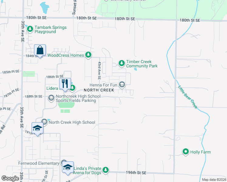 map of restaurants, bars, coffee shops, grocery stores, and more near 18710 44th Park Southeast in Mill Creek