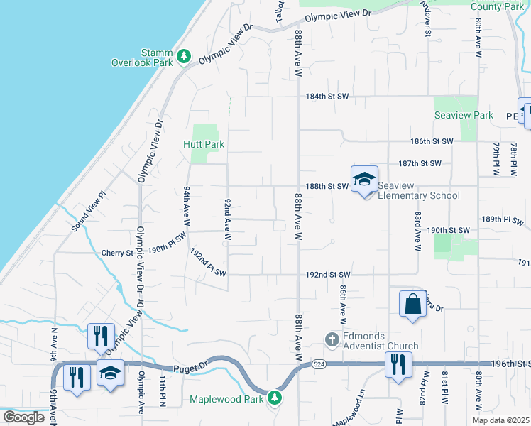 map of restaurants, bars, coffee shops, grocery stores, and more near 18912 88th Avenue West in Edmonds