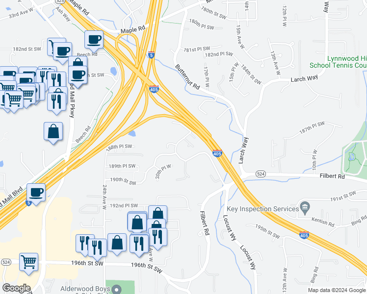 map of restaurants, bars, coffee shops, grocery stores, and more near 1925 Magnolia Road in Lynnwood