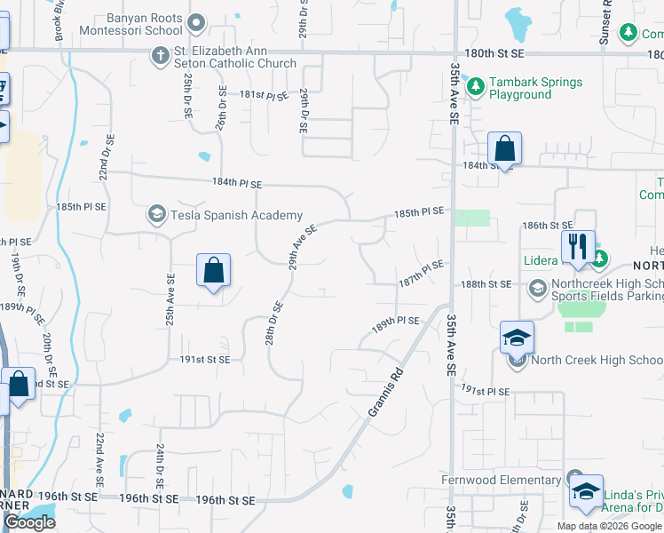 map of restaurants, bars, coffee shops, grocery stores, and more near 3018 187th Place Southeast in Bothell