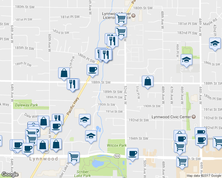 map of restaurants, bars, coffee shops, grocery stores, and more near 5317 189th Street Southwest in Lynnwood