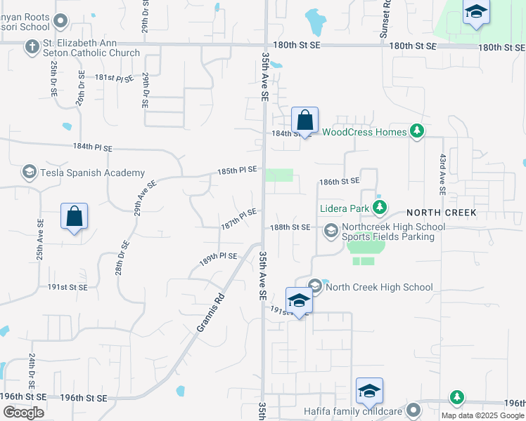 map of restaurants, bars, coffee shops, grocery stores, and more near 4130 187th Place Southeast in Bothell