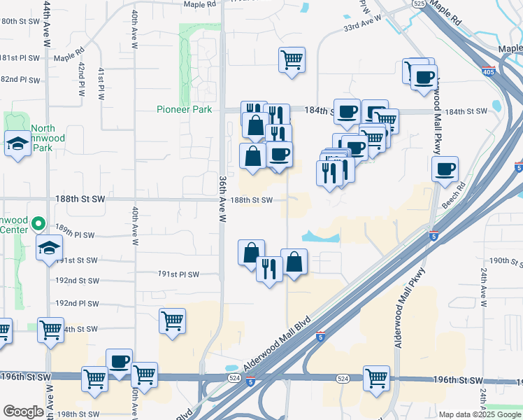 map of restaurants, bars, coffee shops, grocery stores, and more near 3400 188th Street Southwest in Lynnwood