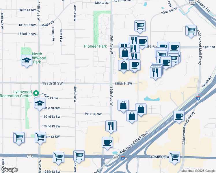 map of restaurants, bars, coffee shops, grocery stores, and more near 18820 36th Avenue West in Lynnwood