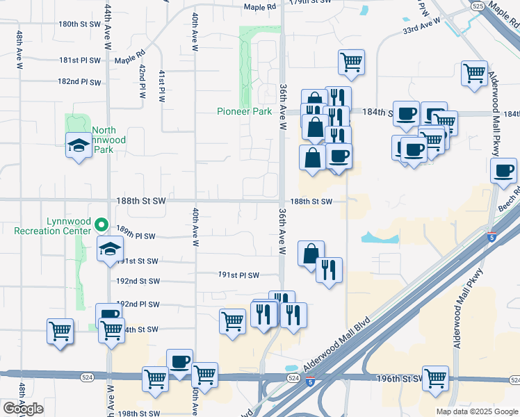 map of restaurants, bars, coffee shops, grocery stores, and more near 3622 188th Street Southwest in Lynnwood