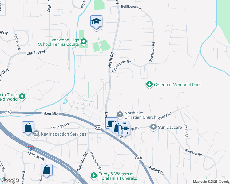map of restaurants, bars, coffee shops, grocery stores, and more near 18715 2nd Place West in Bothell