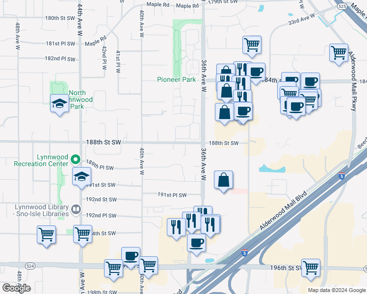 map of restaurants, bars, coffee shops, grocery stores, and more near 3712 188th Street Southwest in Lynnwood