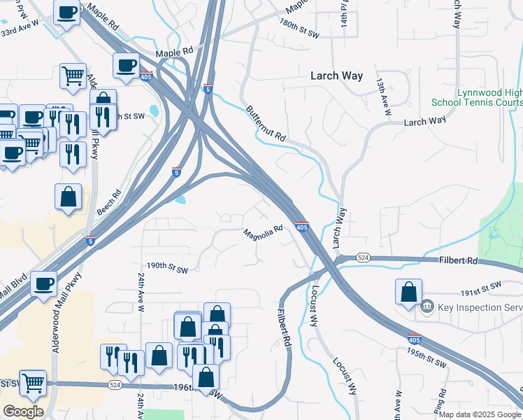 map of restaurants, bars, coffee shops, grocery stores, and more near 1925 Magnolia Road in Lynnwood