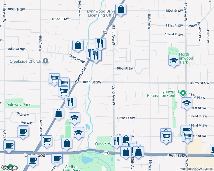 map of restaurants, bars, coffee shops, grocery stores, and more near 5226 188th Street Southwest in Lynnwood