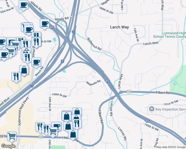 map of restaurants, bars, coffee shops, grocery stores, and more near 1925 Magnolia Road in Lynnwood
