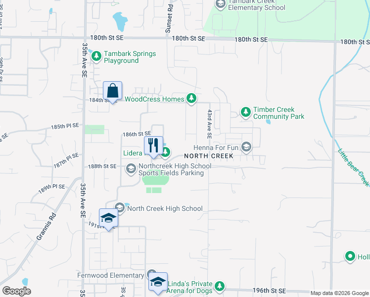 map of restaurants, bars, coffee shops, grocery stores, and more near 4130 187th Place Southeast in Bothell