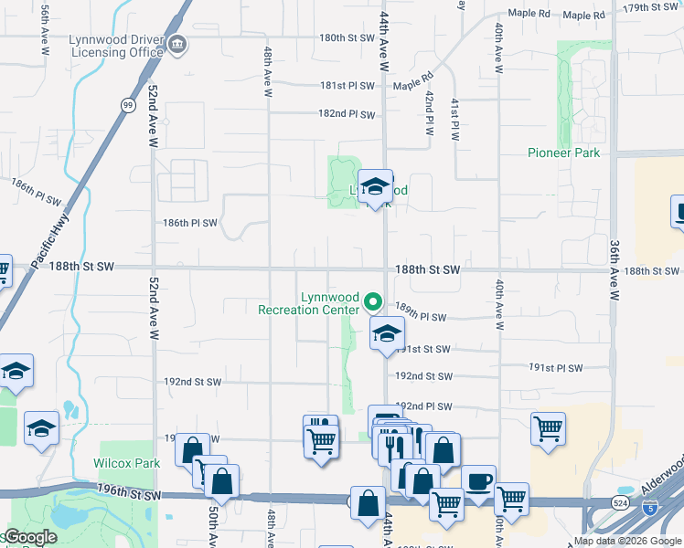 map of restaurants, bars, coffee shops, grocery stores, and more near 18817 46th Avenue West in Lynnwood