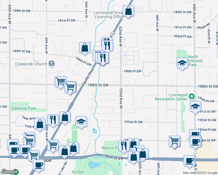 map of restaurants, bars, coffee shops, grocery stores, and more near 5317 189th Street Southwest in Lynnwood