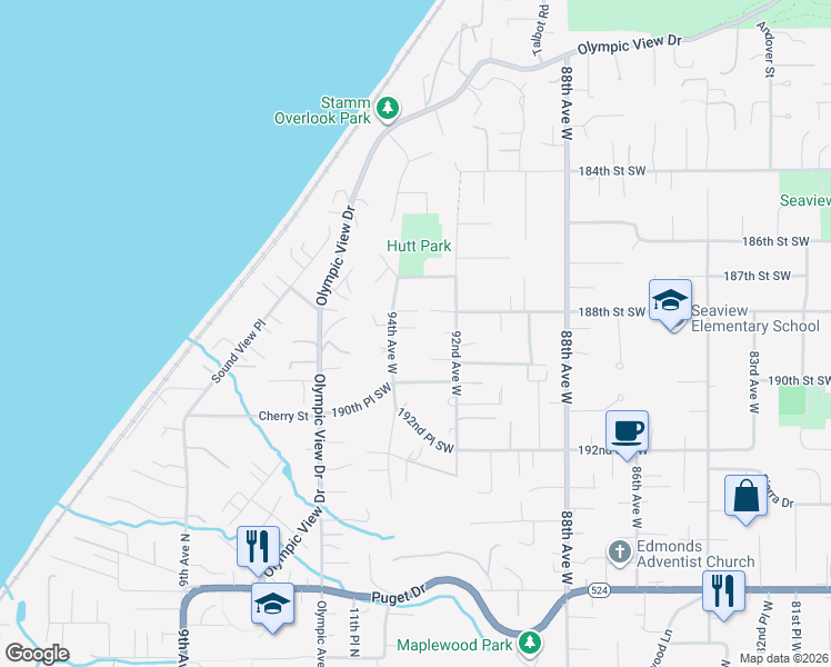map of restaurants, bars, coffee shops, grocery stores, and more near 18909 94th Avenue West in Edmonds