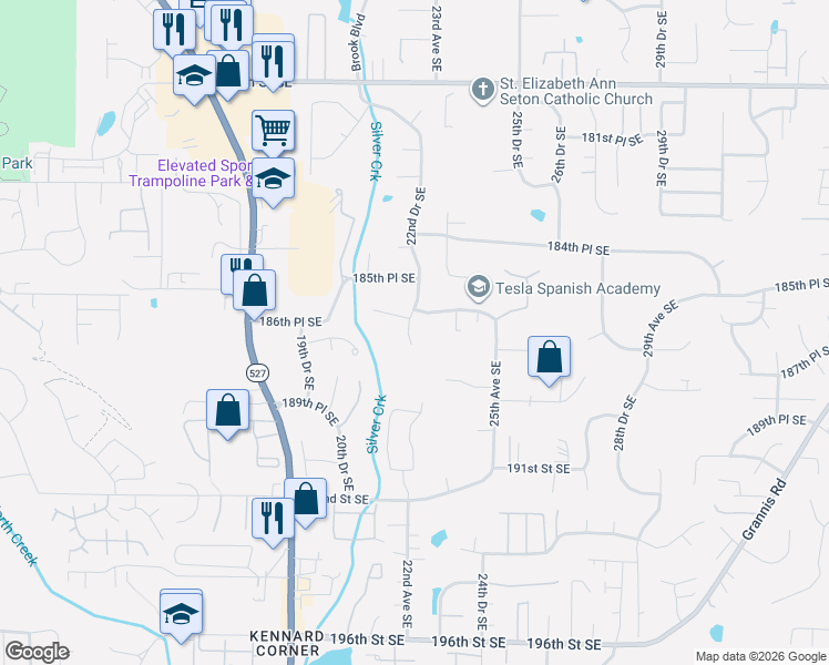 map of restaurants, bars, coffee shops, grocery stores, and more near 18711 22nd Drive Southeast in Bothell