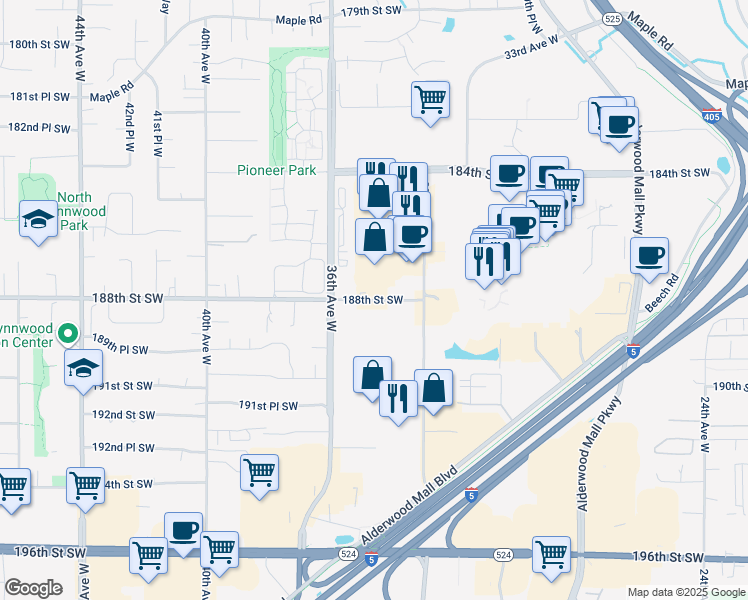 map of restaurants, bars, coffee shops, grocery stores, and more near 3400 188th Street Southwest in Lynnwood