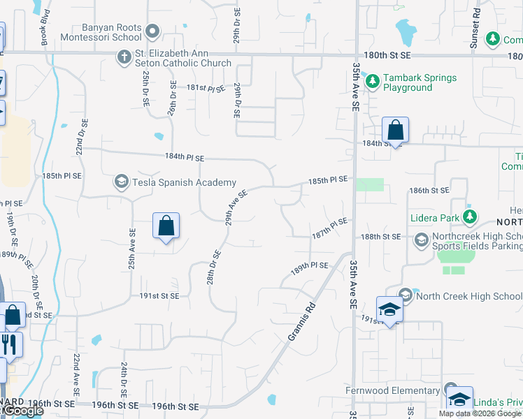 map of restaurants, bars, coffee shops, grocery stores, and more near 3018 187th Place Southeast in Bothell
