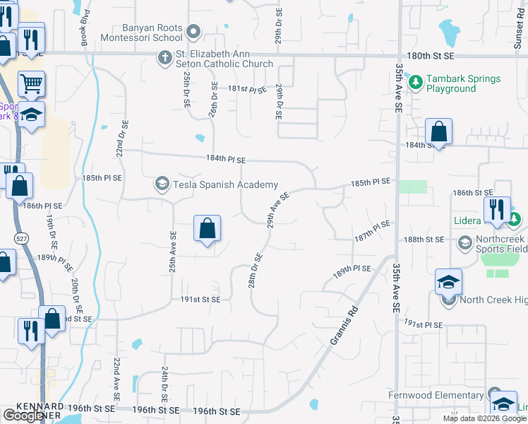 map of restaurants, bars, coffee shops, grocery stores, and more near 18730 187th Street Southeast in Bothell