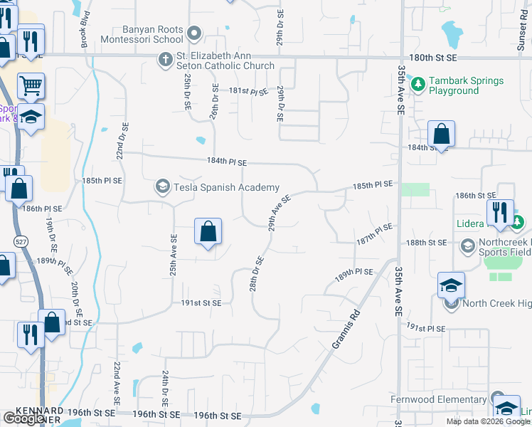 map of restaurants, bars, coffee shops, grocery stores, and more near 18730 187th Street Southeast in Bothell