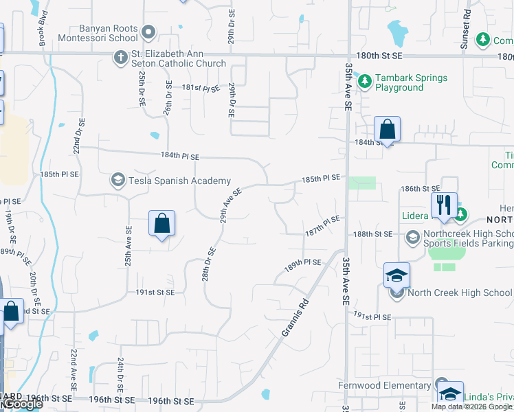 map of restaurants, bars, coffee shops, grocery stores, and more near 3030 185th Place Southeast in Bothell