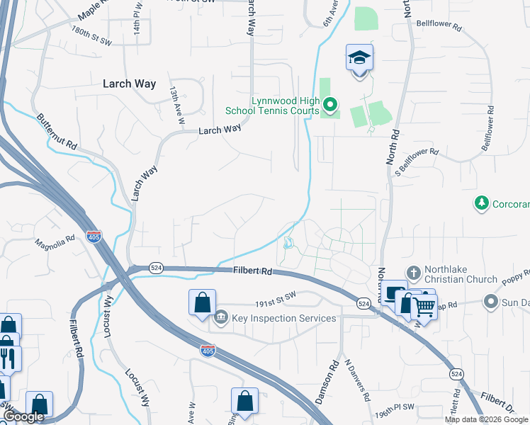 map of restaurants, bars, coffee shops, grocery stores, and more near 18711 10th Place West in Lynnwood
