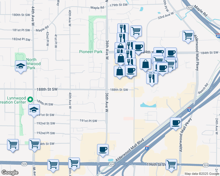 map of restaurants, bars, coffee shops, grocery stores, and more near 18727 36th Avenue West in Lynnwood