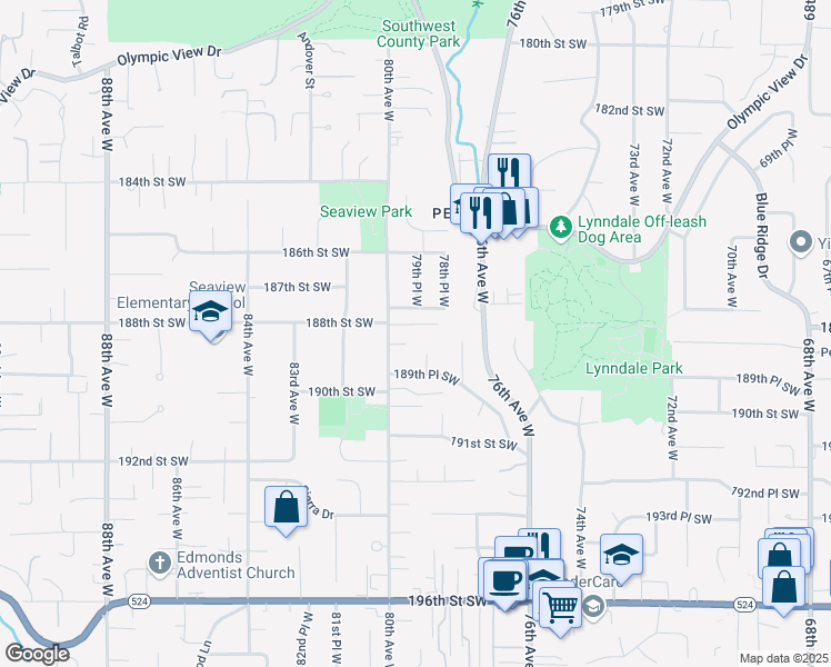 map of restaurants, bars, coffee shops, grocery stores, and more near 7900 187th Place Southwest in Edmonds