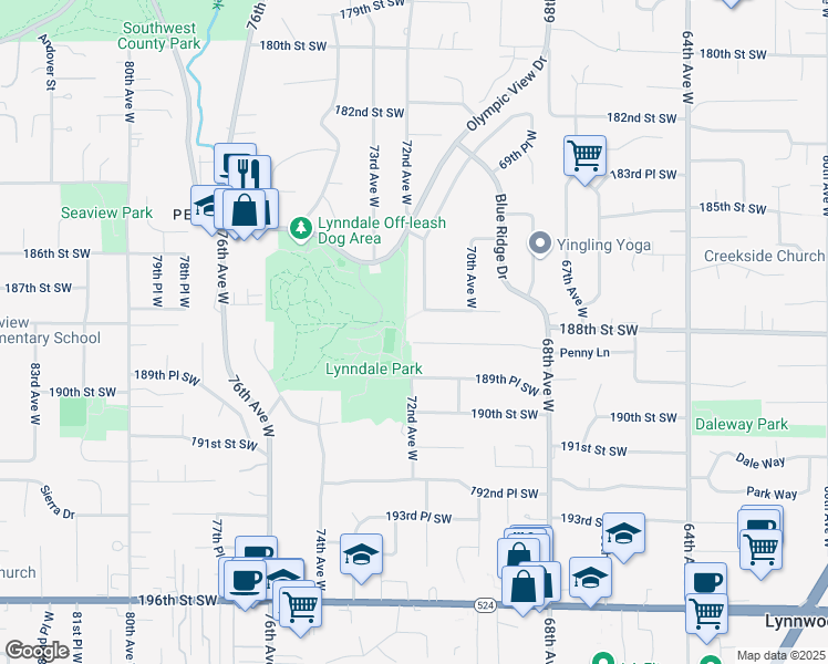 map of restaurants, bars, coffee shops, grocery stores, and more near 18700 71st Avenue West in Lynnwood
