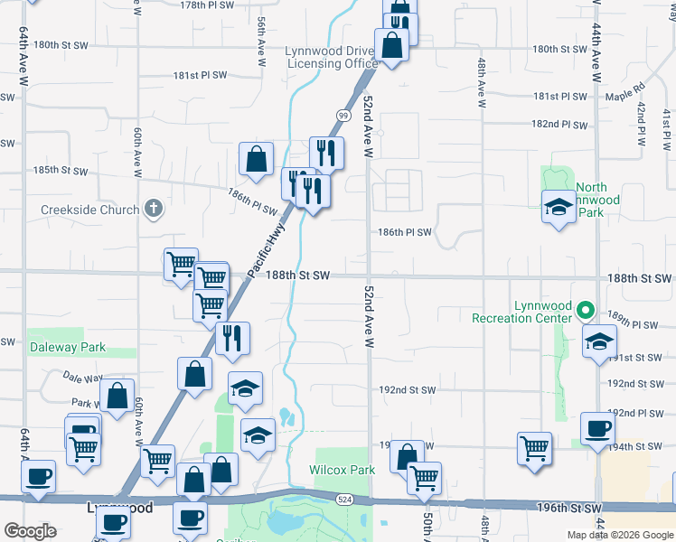 map of restaurants, bars, coffee shops, grocery stores, and more near 5313 188th Street Southwest in Lynnwood