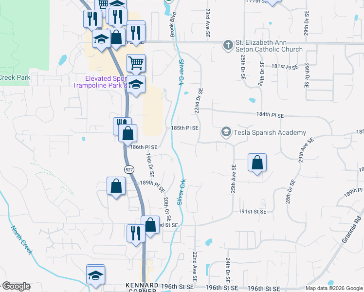 map of restaurants, bars, coffee shops, grocery stores, and more near 2125 186th Place Southeast in Bothell