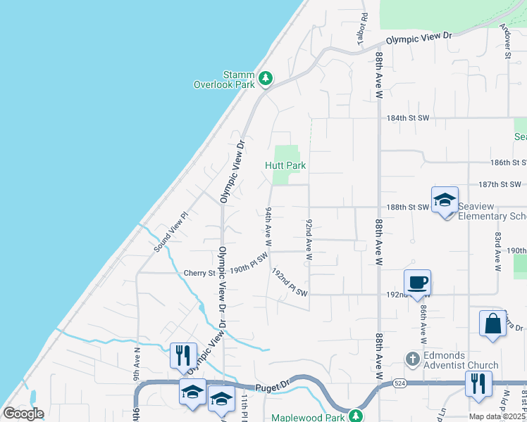 map of restaurants, bars, coffee shops, grocery stores, and more near 18730 94th Avenue West in Edmonds