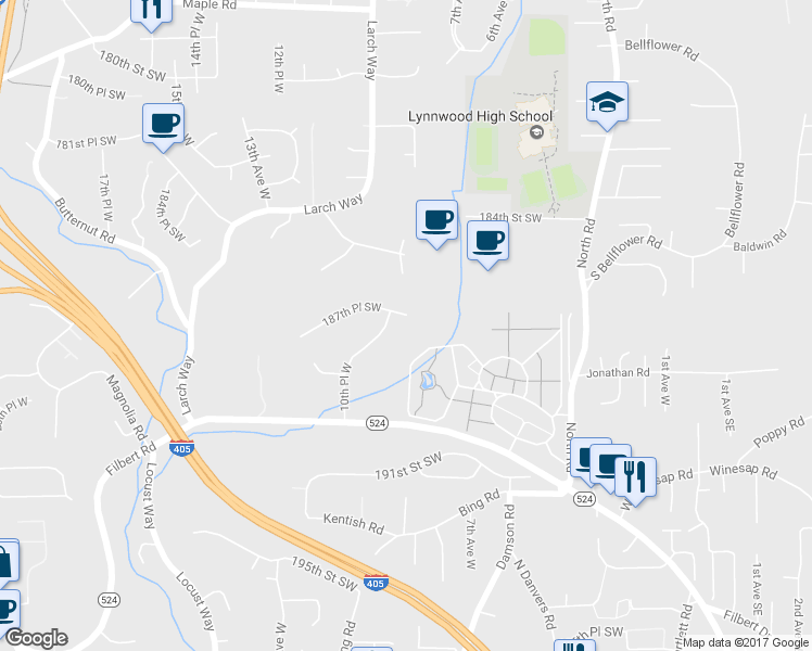 map of restaurants, bars, coffee shops, grocery stores, and more near 904 187th Place Southwest in Lynnwood