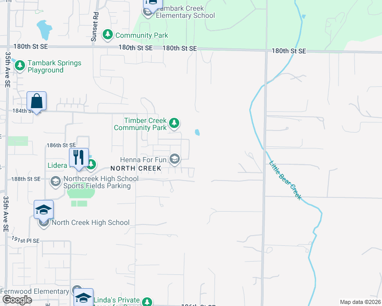 map of restaurants, bars, coffee shops, grocery stores, and more near 18529 46th Avenue Southeast in Bothell