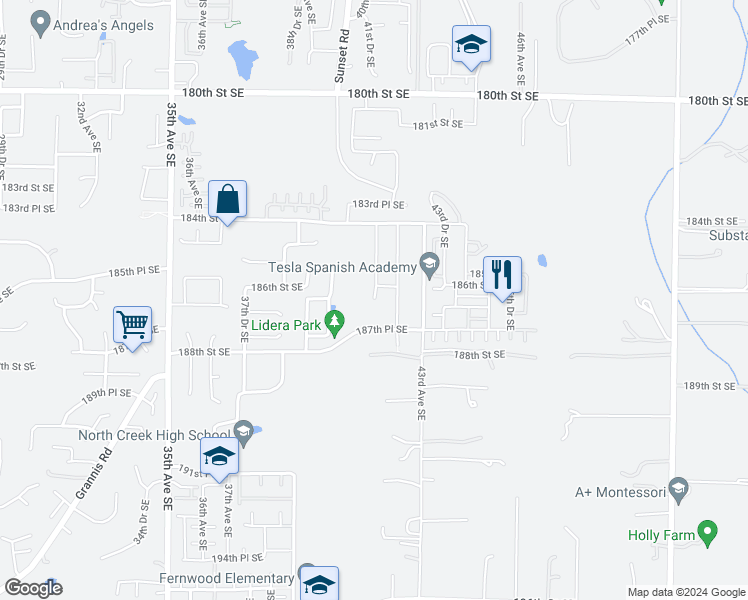 map of restaurants, bars, coffee shops, grocery stores, and more near 18604 41st Drive Southeast in Bothell