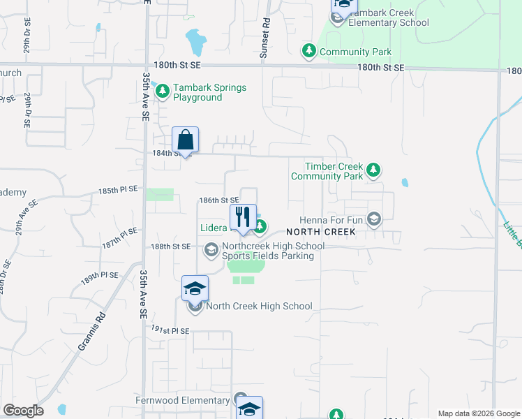 map of restaurants, bars, coffee shops, grocery stores, and more near 18521 40th Avenue Southeast in Bothell
