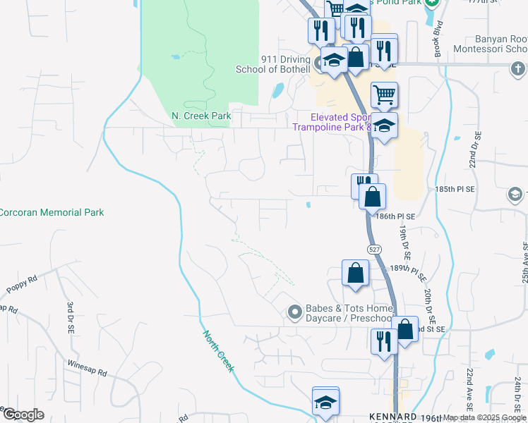 map of restaurants, bars, coffee shops, grocery stores, and more near 18625 12th Drive Southeast in Bothell