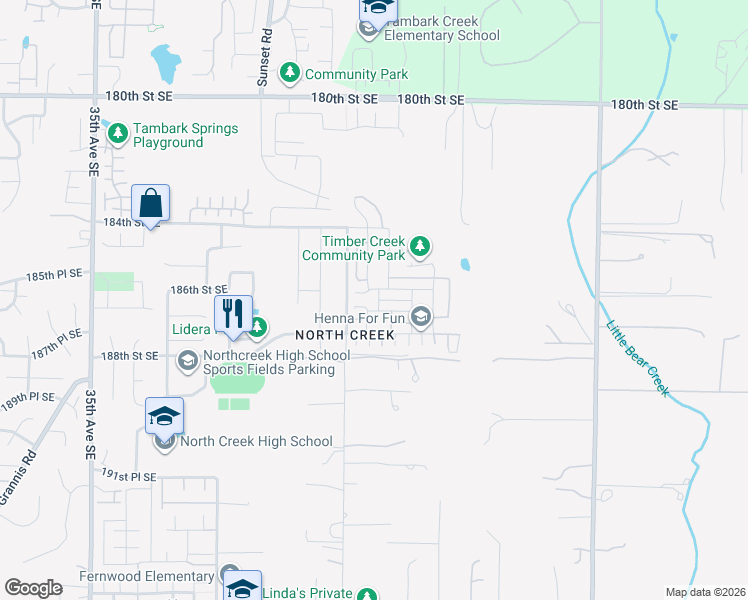 map of restaurants, bars, coffee shops, grocery stores, and more near 4400 186th Street Southeast in Bothell