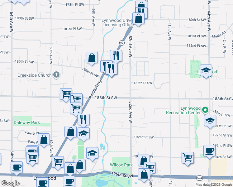 map of restaurants, bars, coffee shops, grocery stores, and more near 5311 188th Street Southwest in Lynnwood