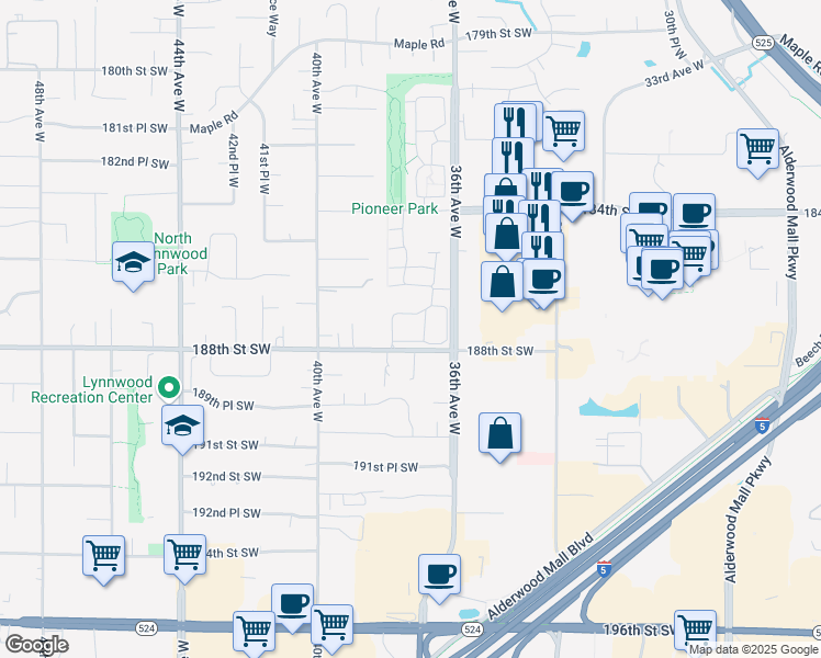 map of restaurants, bars, coffee shops, grocery stores, and more near 3701 188th Street Southwest in Lynnwood