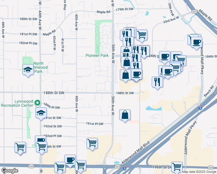 map of restaurants, bars, coffee shops, grocery stores, and more near 3701 188th Street Southwest in Lynnwood