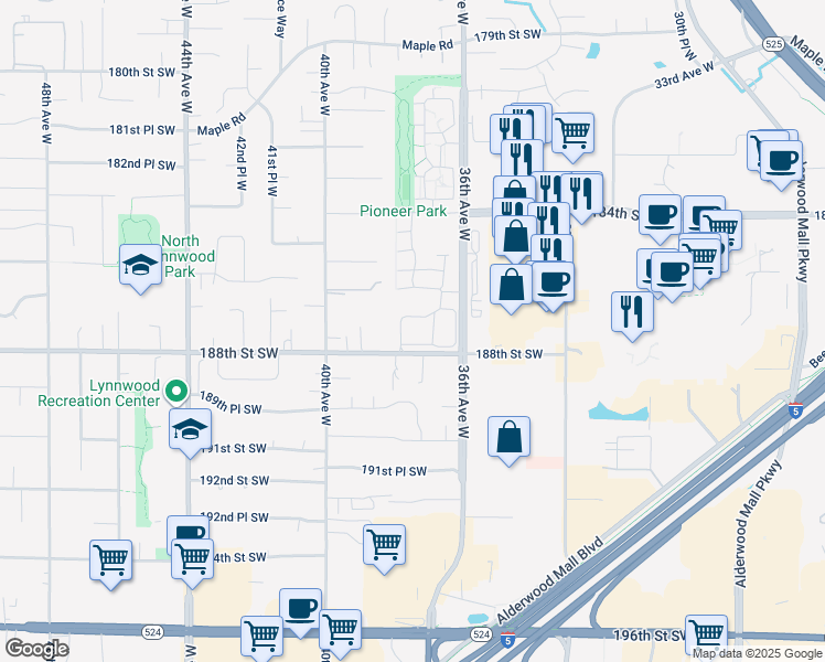 map of restaurants, bars, coffee shops, grocery stores, and more near 3701 188th Street Southwest in Lynnwood